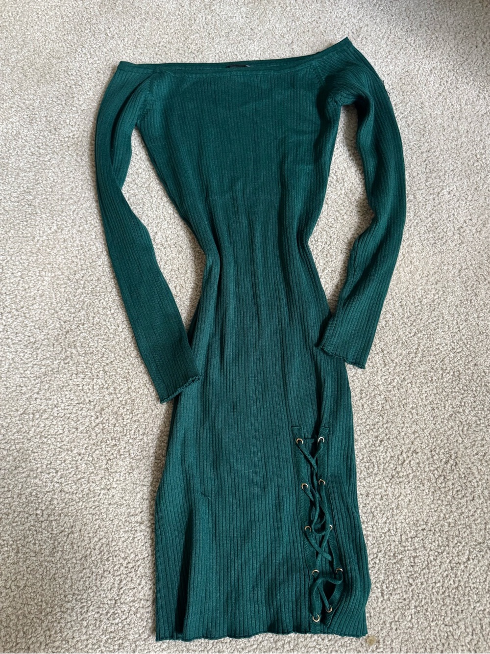 Say What? Emerald Green Off-Shoulder Ribbed Long Sleeve Dress with Side Lace-Up